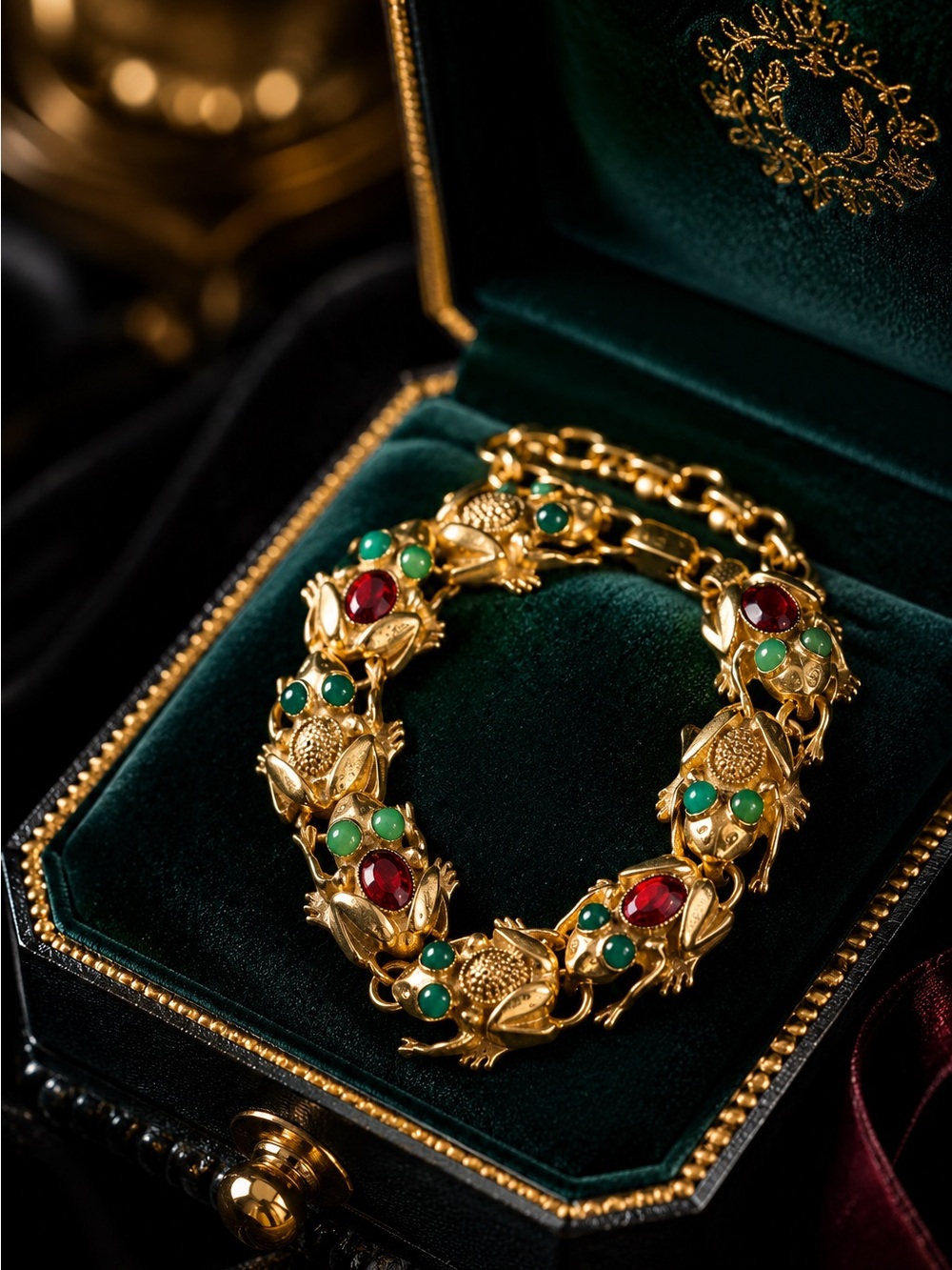 Vintage 18K Gold Plated frog bracelet with Natural stone eyes - Picture 2 of 10